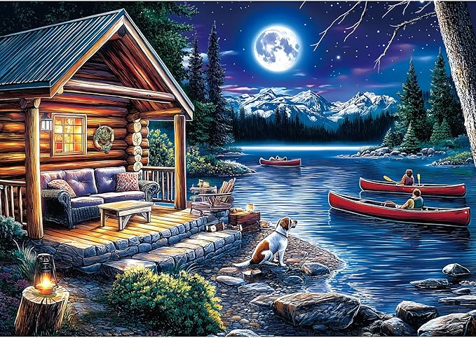 Puzzles for Adults 1000 Pieces, Moonlit Canoe Lake Cottage Landscape Jigsaw Puzzle for 1000 Pieces Perfect for Challenging Game Nights, Finished Size 27.5"x19.7"