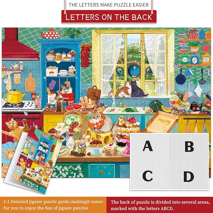 1000 piece Puzzle for Adults,Kitchen Jigsaw Puzzle 1000 Pieces for Adults,Challenging Family Games Holiday Party Gifts -1:1 Poster Interlock Perfectly Letter on Back-Cat Kitchen