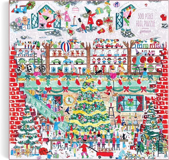 Galison Toy Workshop – 500 Piece Michael Storrings Foil Jigsaw Puzzle Featuring Beautiful Artwork of A Christmas Toy Workshop with Frosty Foil Accents