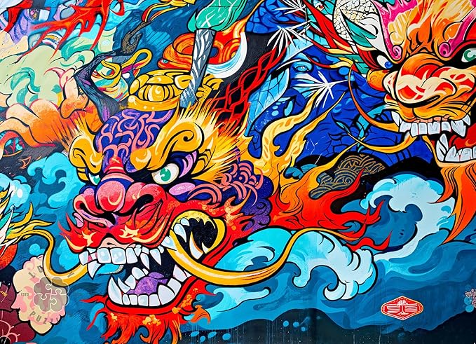 Kabuki Red Dragon - 1000 Piece Jigsaw Puzzle for Adults | Vibrant Graffiti Art Puzzle | Best New Japanese Dragon Puzzle