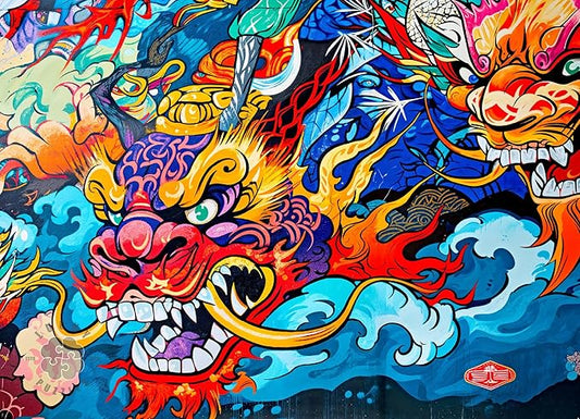 Kabuki Red Dragon - 1000 Piece Jigsaw Puzzle for Adults | Vibrant Graffiti Art Puzzle | Best New Japanese Dragon Puzzle
