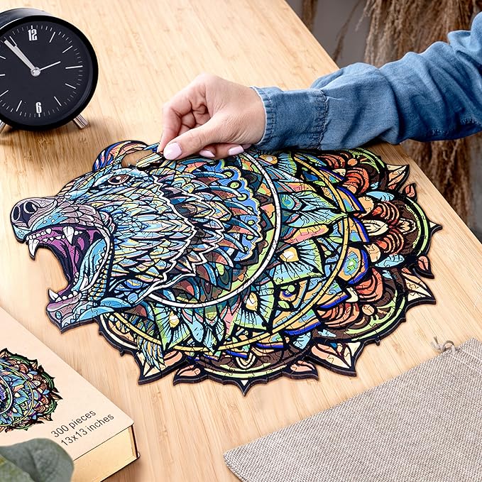 ESTROSO Wooden Puzzles for Adults - Bear Design - 300 Piece Puzzles for Adults, Wooden Jigsaw Puzzles - 13x13 Inches - Giftable Wooden Box and Carrying Bag