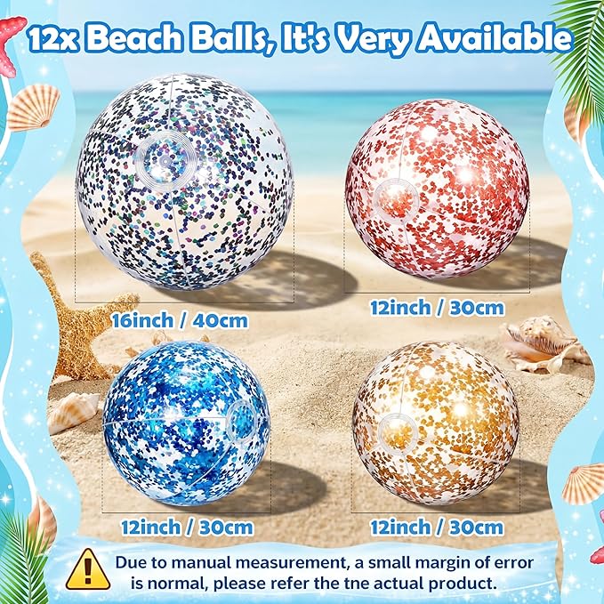 Lewtemi 12 Pcs Inflatable Glitter Beach Balls 16 Inch 24 Inch Shiny Giant Confetti Balls Swimming Pool Beach Blow up Balloon for Outdoor Summer Party Wedding Decor(Gold, Rose Gold, Purple)