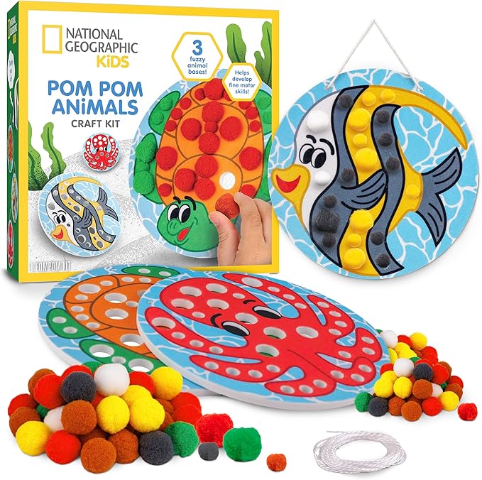 National Geographic Kids Pom Poms Arts and Crafts Kit - Pom Pom Animals Toddler Craft Kit, Preschool Art, Toddler Crafts Ages 3-5, Crafts for Toddlers 2-4 Years, Pom Pom Pictures