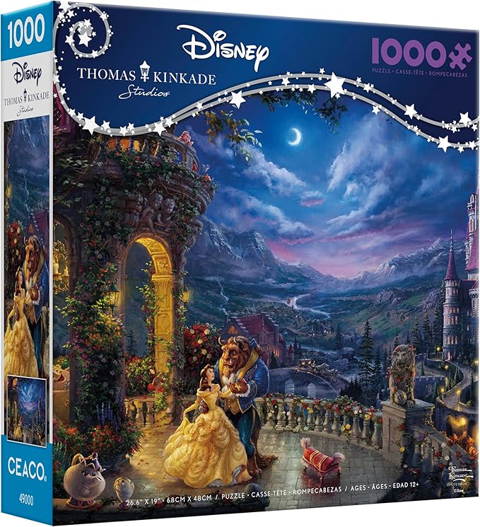 Ceaco - Thomas Kinkade Disney Beauty & The Beast Dancing in The Moonlight 1000 Piece Jigsaw Puzzle, Made in USA, Premium Recycled Board, Full-Color Poster
