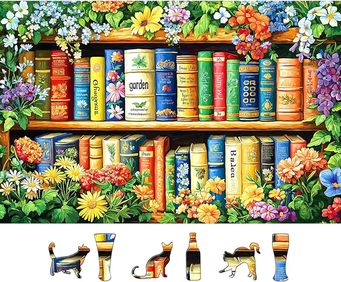MINIWAN 500 Piece Puzzles for Adults - Floral Bookshelf Jigsaw Puzzle, 23x15 Inches with Unique Irregular Shaped Pieces for Relaxation & Home Wall Decor