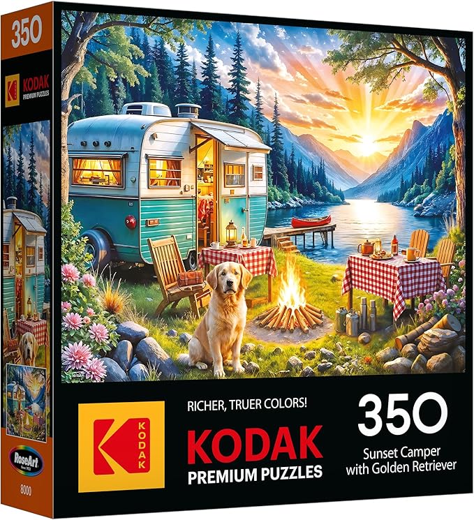 RoseArt - Kodak Premium 350 Piece Puzzle - Sunset Camper with Golden Retriever, Vibrant Lakeside Scene, Jigsaw Puzzle for Adults, 24" x 18" Finished Size