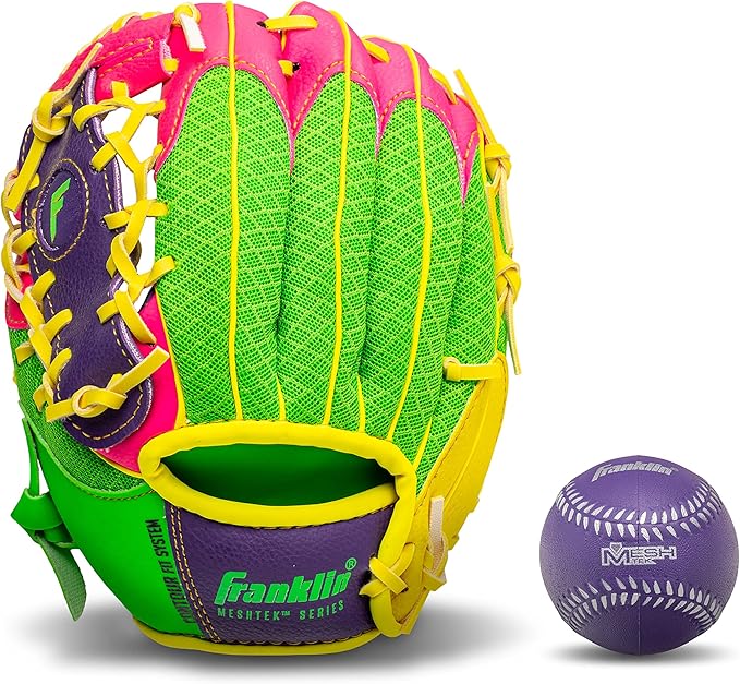 Franklin Sports Kids Baseball Glove + Foam Ball Sets - Meshtek Youth Teeball Gloves for Kids + Toddlers - Left + Right Hand Throw - 9.5" Inch