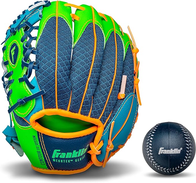 Franklin Sports Kids Baseball Glove + Foam Ball Sets - Meshtek Youth Teeball Gloves for Kids + Toddlers - Left + Right Hand Throw - 9.5" Inch