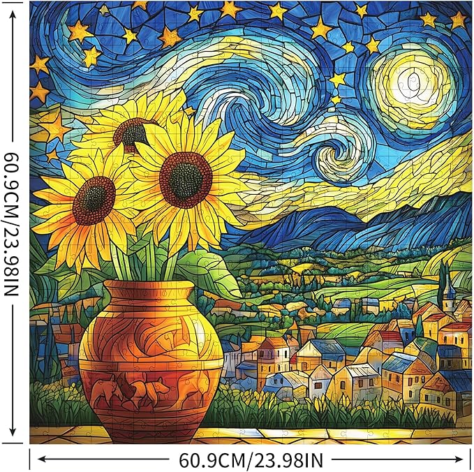 Starry Night Puzzle 1000 Pieces-Moonlit Night, Sunflower Puzzles for Adults 1000 Pieces, Jigsaw Puzzle Stained Glass, Difficult Jigsaw Puzzles for Family, Finished Size 23.98 * 23.98"