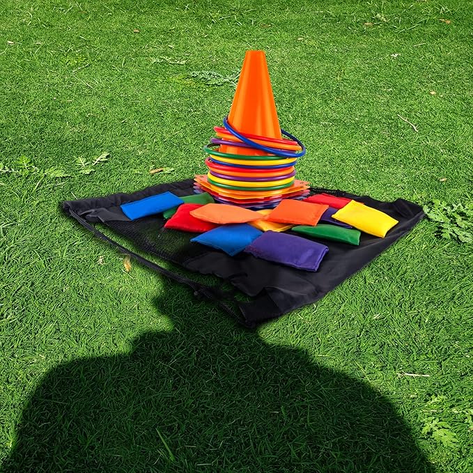 Super Z Outlet 30 Piece Carnival Outdoor Fair Tossing Games Toy Party Set with 12 Rings, 12 Bean Bags, and 6 Cones