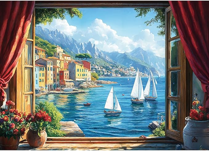 Puzzles for Adults 1000 Pieces, Italy Ocean Coast Seaside Village Window View, 1000 Piece Puzzle for Adults Seniors, Jigsaw Puzzles with Letters on Back,Fun Gifts Decor 1:1 Poster