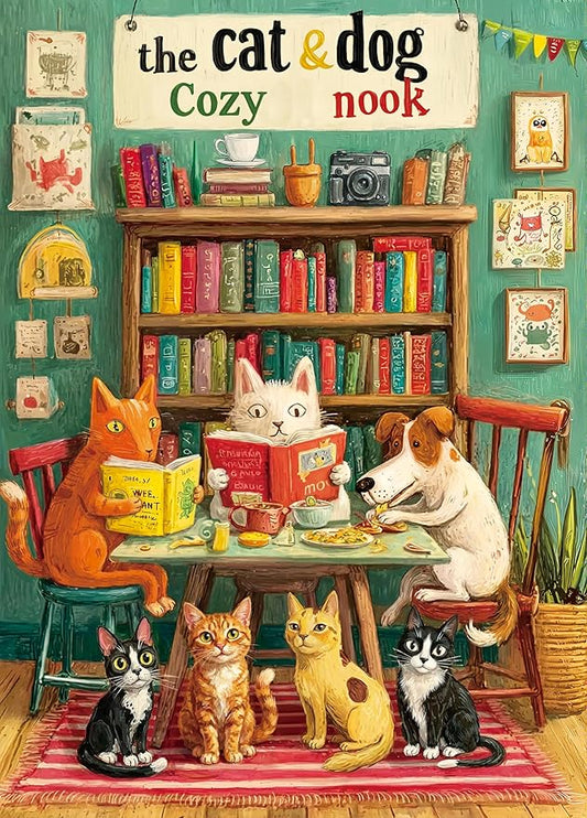 1000 Piece Puzzle for Adults, Challenging Cozy Nook Bookshelf Cat Jigsaw Puzzles, Premium Matte Finish, 27.56 x 19.68 Inches, Perfect for Game Nights