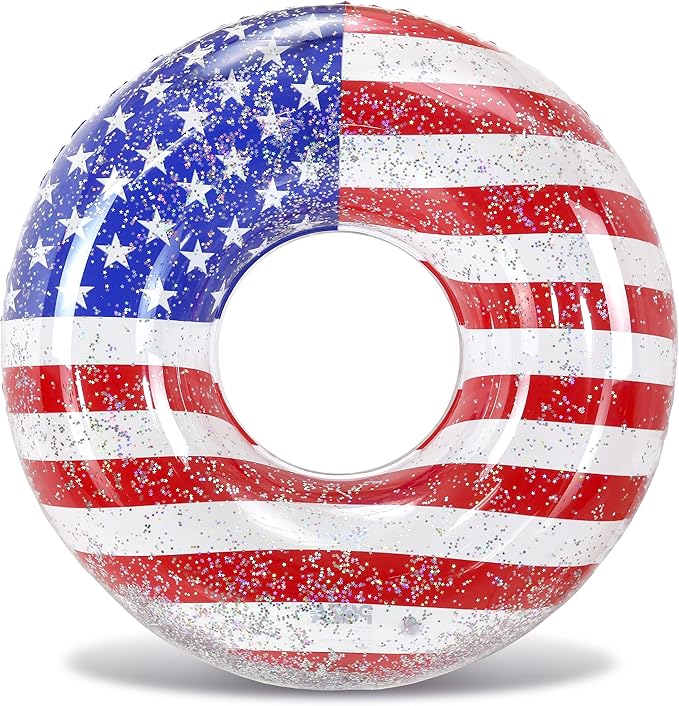 POZA Inflatable USA Pool Float - Luxurious Fun Lounger Filled with Sparkle Silver Stars Confetti, Cool USA Flag Design Water Swimming Pool Floaties for Beach, Lake & Pool