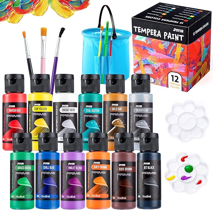 JOYIN Washable Tempera Paint Set for Kids 12PCS, Non Toxic Liquid Paint with 6 Brushes and 2 Palettes - Art Supply for Kids for Arts and Crafts Project, Finger Painting (2 oz Each), Easter Basket Stuffers
