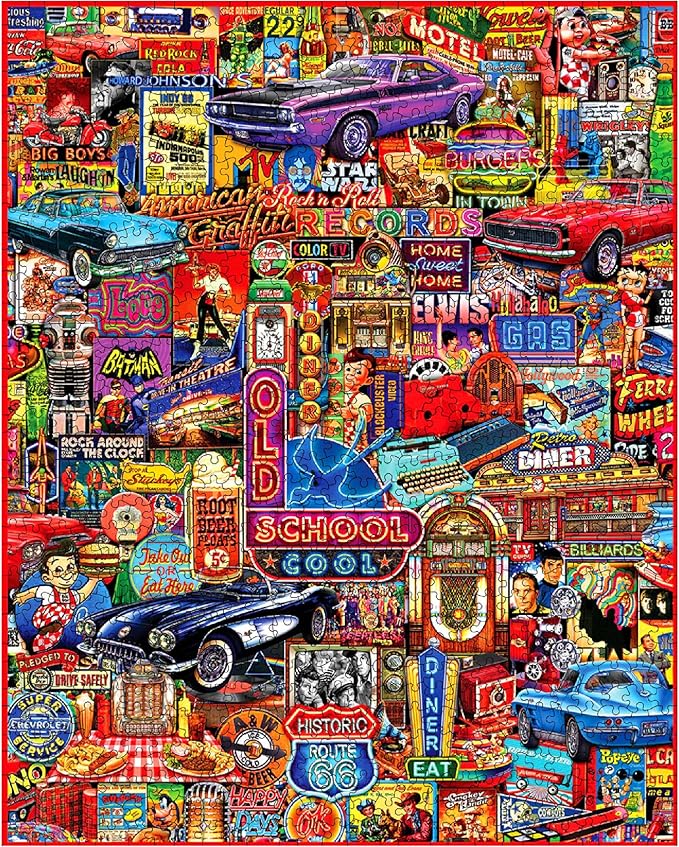 White Mountain 1000 Piece Jigsaw Puzzle Retro Nostalgic Collage Puzzles with Large Pieces Gift for Adults and Family 24"x30" - Old School Cool