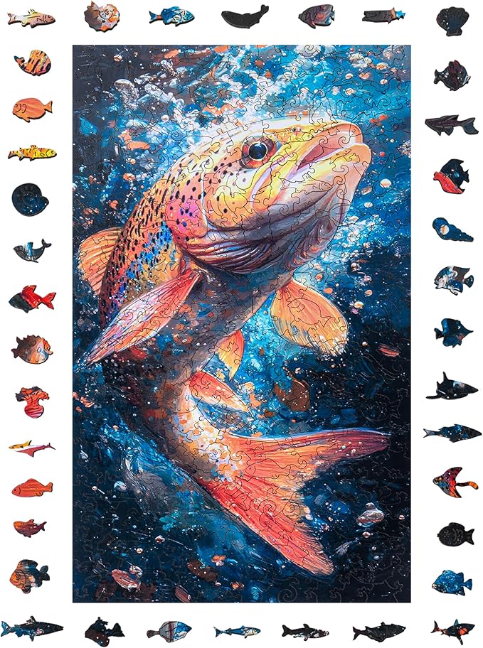 ESTROSO Magical Wooden Puzzle for Adults with Beautiful Rainbow Trout Fish Design - 300 Piece Each Luxury Unique Shape Wooden Puzzle with Exquisite Wooden Box for Gift - 8.9x17.7 Inch