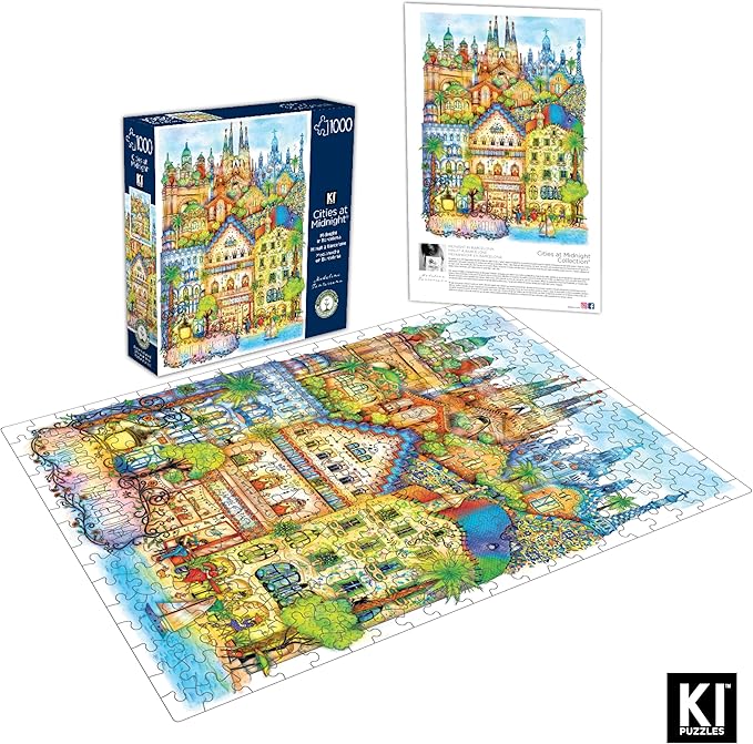 Hard & Challenging 1000 Piece Puzzle for Adults – Barcelona at Midnight by Madalina Tantareanu – Features Sagrada Familia, Park Güell, Casa Batlló – Difficult 27x20 Jigsaw by KI Puzzles