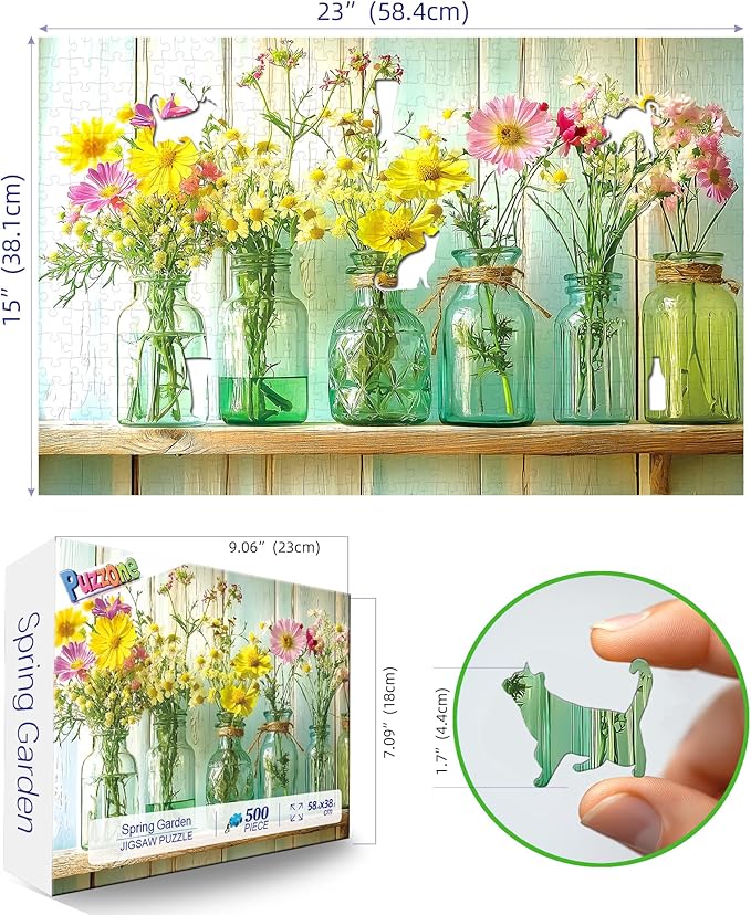Floral Vintage Glass Jars Jigsaw Puzzle 500 Pieces for Adults Wildflower Bouquet Flowers Puzzle with Letters on Back Fun Challenge Puzzle for Game Night for Seniors & Family（23x15 Inch）