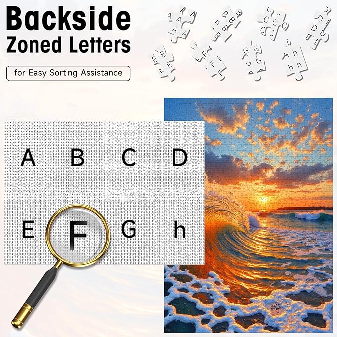 1000 Pieces Jigsaw Puzzles for Adults, Sunset Wave Beach Ocean Puzzle with Letters on Back, 20×28 Inch Hard Difficult Challenging Adult Puzzle for Gift & Home Decor