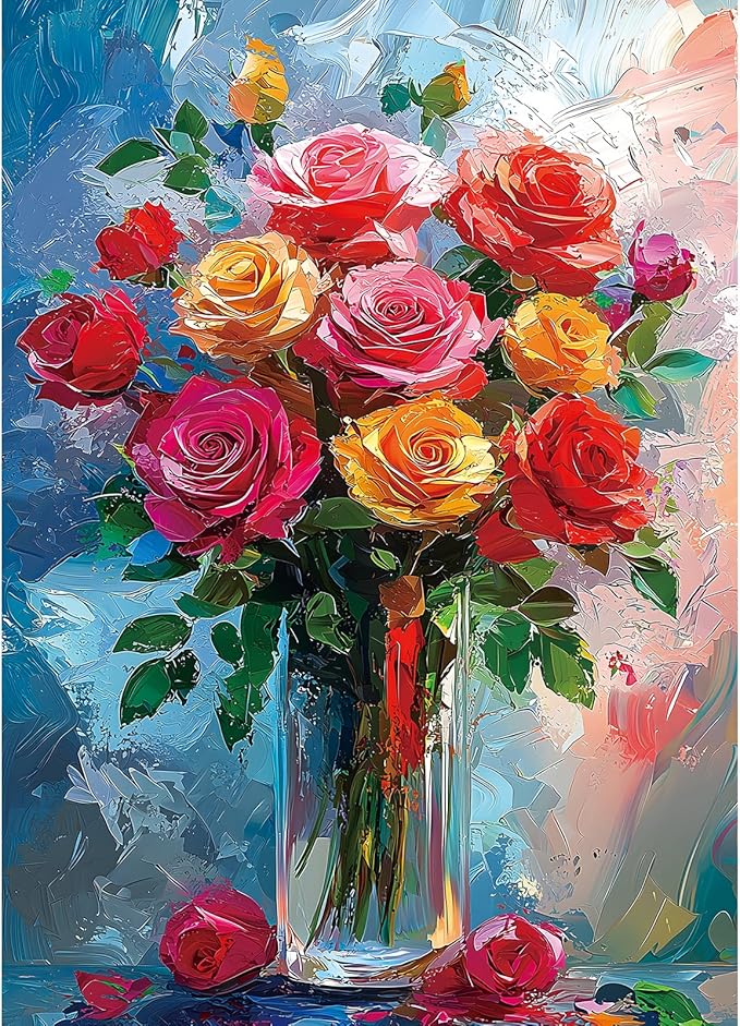 1000 Piece Puzzles for Adults, Rose Flowers Jigsaw Puzzles 1000 Pieces for Adults Oil Painting Floral Art Design with Letters On Back for Family Challenging Decor Great Gift, 27.5 x 19.7 Inch