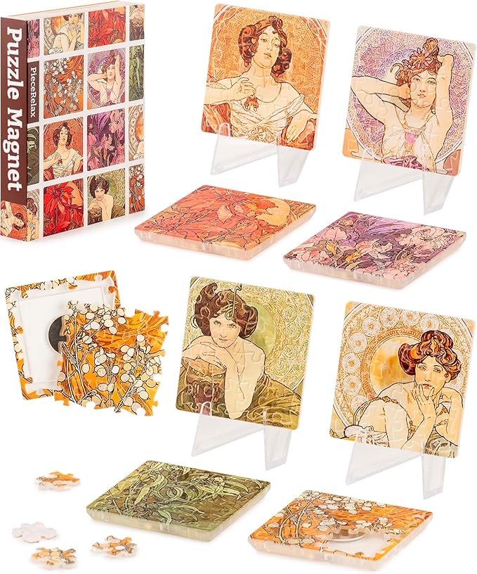 PieceRelax Magnet Puzzle for Adults 128 Pieces - Alphonse Mucha - The Precious Stones Unique Gift & Home Décor with Plastic Jigsaw Puzzle [D1599]