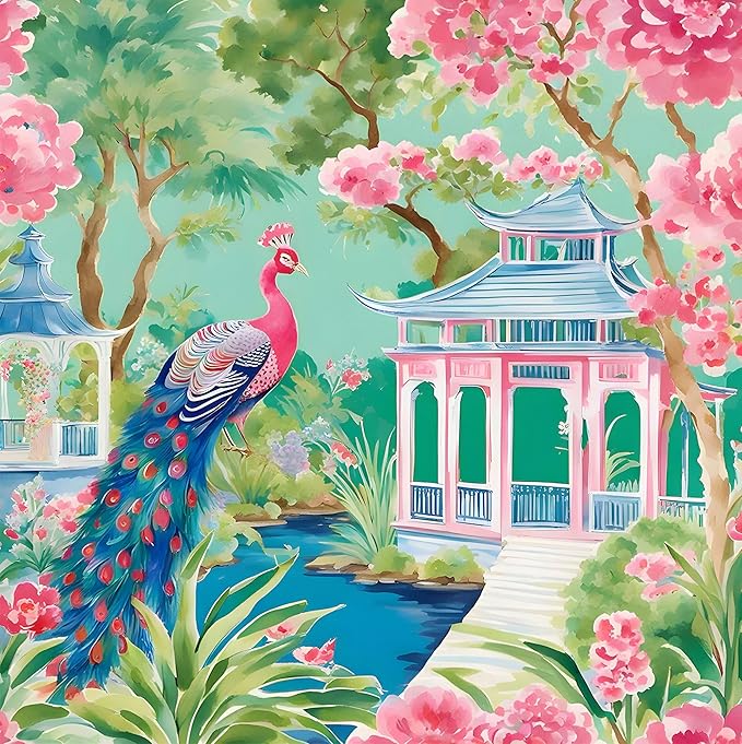 Springbok Pink Peacock Oasis 500 Piece Jigsaw Puzzle for Adults & Family - Poster Now Included - Tropical Garden Art, Vibrant Peacock Illustration - Unique Cut Pieces - Made in USA