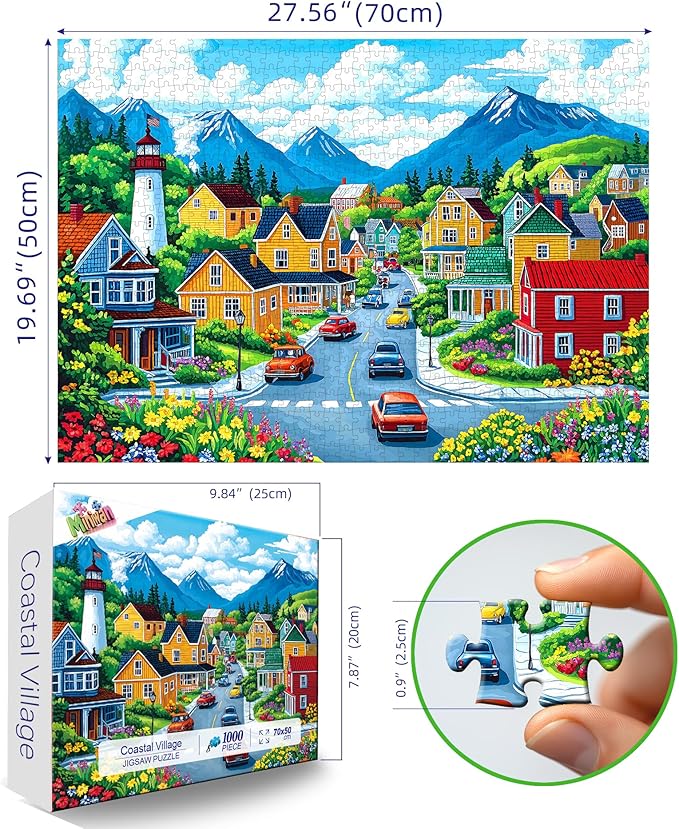 MINIWAN Colorful Coastal Mountain Town 1000 Piece Jigsaw Puzzle for Adults, Sunny Small Town Lighthouse Mountain Landscape Jigsaw Puzzle, Gift for Landscape Puzzle Lovers 27.5x19.7 Inch