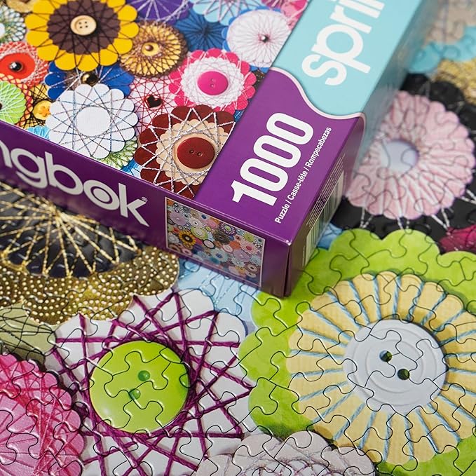 Springbok's Bloomin Buttons 1000 Piece Jigsaw Puzzle for Adults by Artist Linda Stewart Features a Photo of a Floral Composition Made from Buttons and Paper