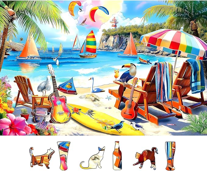 500 Piece Puzzle for Adults, Vibrant Tropical Beach Scene with Palm Trees Jigsaw Puzzle for Adults, Sun Beach Chair Sailboats Challenging Jigsaw Puzzles Game for Family & Friends (23x15 inch)