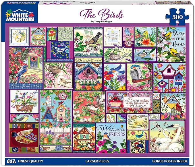 White Mountain 500 Piece Jigsaw Puzzle Spring Flower Collage Puzzles with Large Pieces Gift for Adults and Family 18"x24" - The Birds