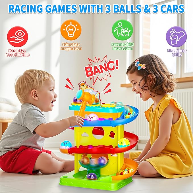 Funwee 2-in-1 Rolling Ball & Racing Car Ramp Toy for Toddlers, Race Track Hammer Lights Ball Drop, Interactive Montessori Learning Game Birthday Gift Idea for Kids 1 2 3 4 5+Year Old Girl Boy(Yellow)
