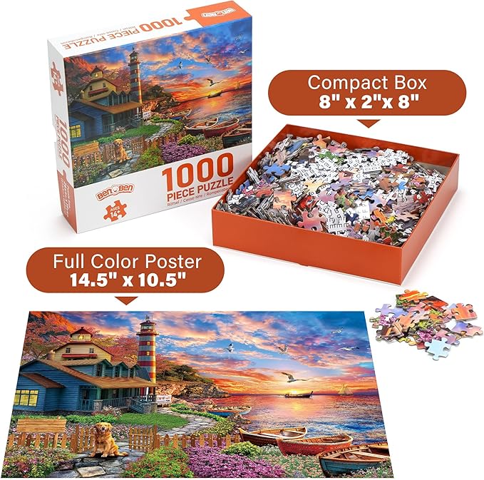 BenBen Puzzles for Adults 1000 Pieces, Sunset Lighthouse, Jigsaw Puzzles with Letters or Patterns on Back, Challenging Puzzles for Family Game Night Home Décor
