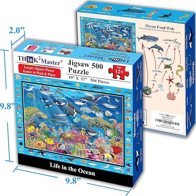 Think2Master Colorful Ocean Life 500 Pieces with Large Pieces Jigsaw Puzzle for 13+, Seniors, Adults & Families. Great Gift for stimulating Learning About Coral Reefs. Size: 26.8” X 18.9”