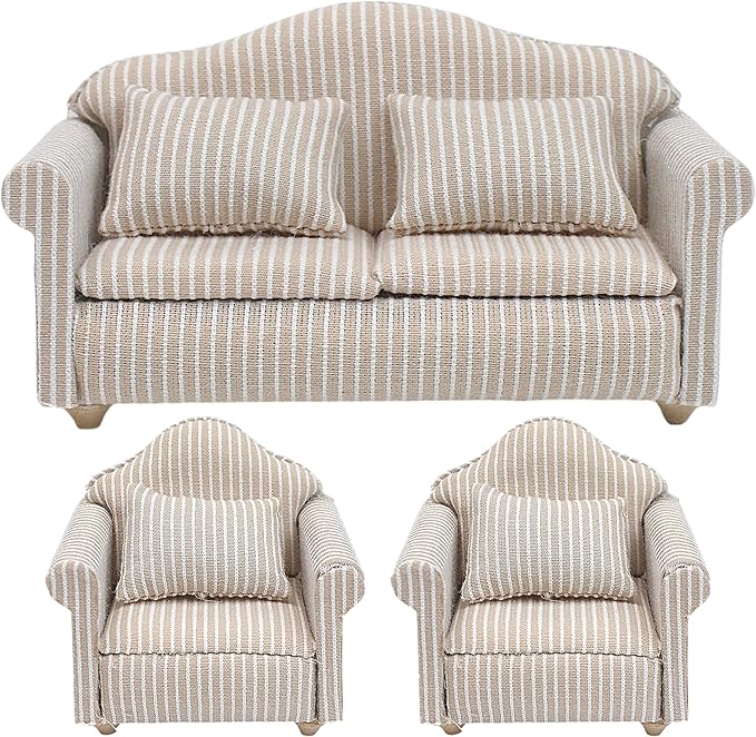 3pcs Dollhouse Couch, 1/12 Scale Living Room Furniture Accessory, Timeless Classic Miniature Double & Single Couch with Pillow, Upholstered Sofa Armchair Set Accessories for Bedroom Sectional Décor