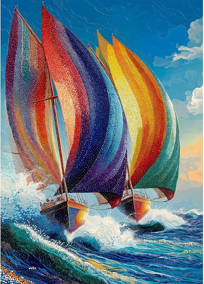Impossible Puzzles for Adults 1000 Pieces,Ocean Colorful Sailboat Puzzle Diamond Art, Sea Sailing Challenge Jigsaw Puzzle