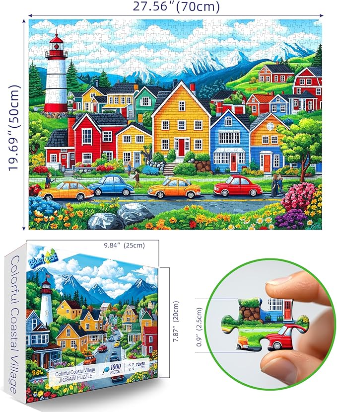 Blueforest 1000 Piece Jigsaw Puzzle for Adults - Coastal Village Scene: Colorful Houses, Lighthouse & Mountain View, 27.5x19.7 Inch