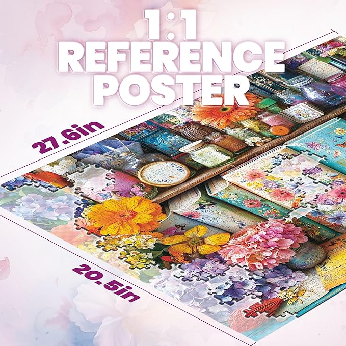1000 Piece Puzzles for Adults, Vibrant Floral Book Jigsaw Puzzles 1000 Pieces, Flower Handbook Nook Puzzles with Letters on Back, Creative Games Gifts and Home Decor, 27.5" × 19.6“, 1:1 Poster