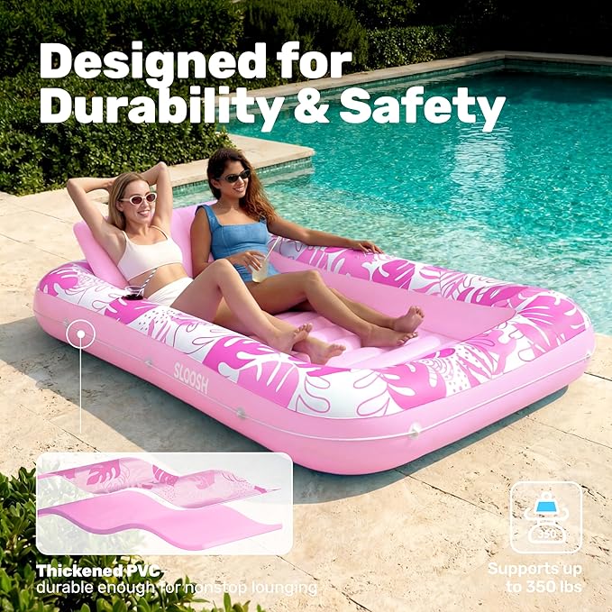 SLOOSH Inflatable Tanning Pool Lounger Float, 85" x 57" Extra Large Pool Floats Adult with Pillow, 4 in 1 Suntan Tub Raft Floatie,Sunbathing Bed Lounge for Water Blow Up Ball Pit, XL-Blushing Pink