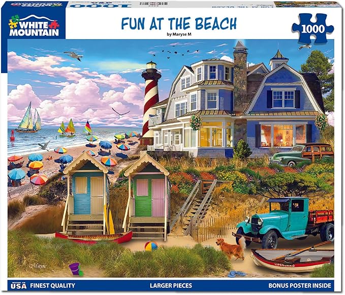 White Mountain 1000 Piece Jigsaw Puzzle Coastal Summer Lighthouse Puzzles with Large Pieces Gift for Adults and Family 24"x30" - Fun At The Beach