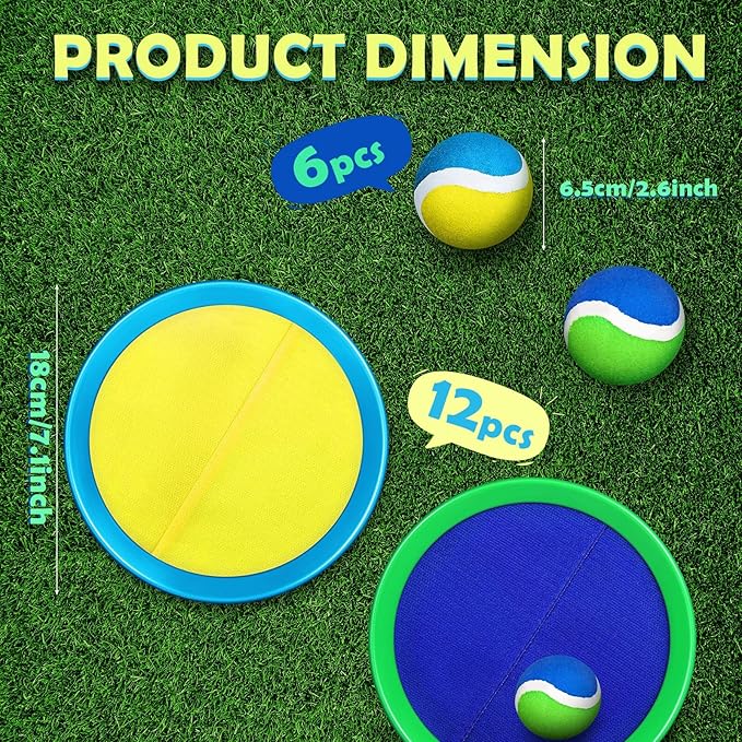 Charniol Kids Toys Toss and Catch Game Set Beach Game Outdoor Ball Sports Games Toss and Catch Ball Nylon Toys for Kids Adults (Blue Yellow,Blue Green,12 Paddles 6 Balls)