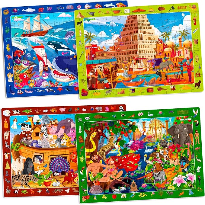 QUOKKA 60 Piece Kids Puzzles Ages 5-8 - Set of 4 Bible Jigsaw Puzzles for Kids 4-6-10 Year Old - Tower of Babel - Noah`s Ark - Eden Toys for Children 5-7 yo - Christian Gifts for Boys & Girls