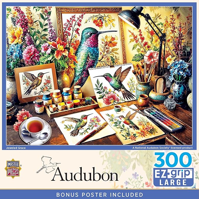 MasterPieces Audubon Jeweled Grace 300 Piece Puzzle - Ezgrip Jigsaw for Adults, Nature Theme, 18"x24"