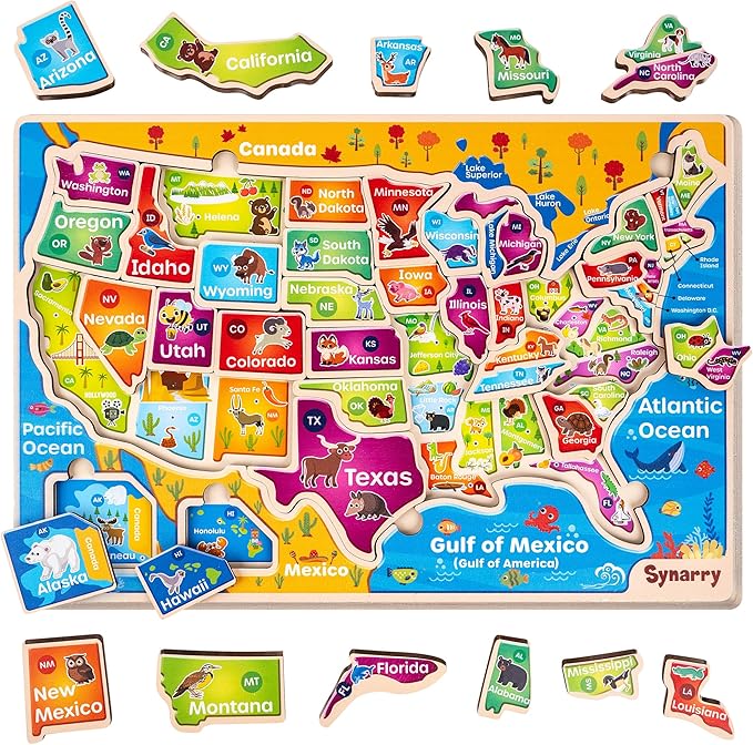 SYNARRY Large USA Wooden Puzzles for Kids Ages 3-5, Learning United States Map Puzzles for Kids Ages 4-6, Wood Jigsaw Puzzles Educational Games Toys for Boys Girls Ages 3-8, Easter Basket Stuffers