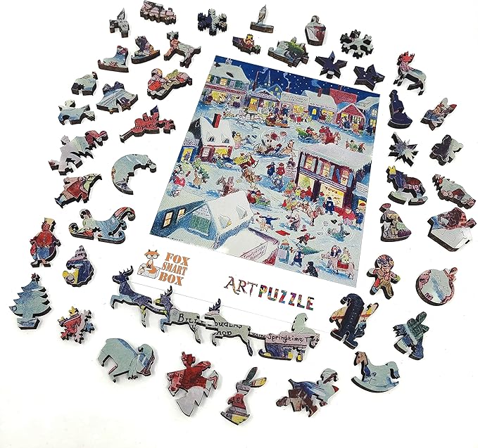 Wooden Jigsаw Puzzle for Adults - Uniquely Shaped Pieces - Made in The USA by FoxSmartBox - 263 Pieces - Christmas eve at Yapp's Crossing
