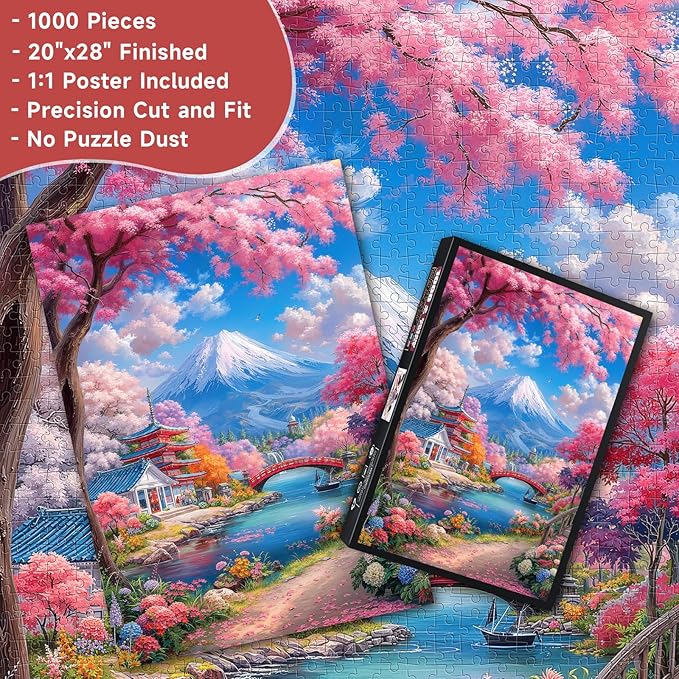 Mount Fuji Cherry Blossom 1000 Piece Puzzle for Adults - Japanese Landscape Art, Vibrant Spring Scene, Poster & Lettered Back, 20"x28" HD, Gift for Travel & Nature Lovers