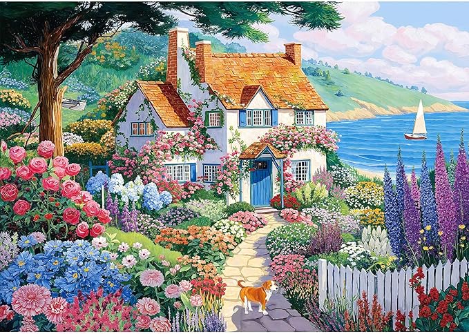 Seaside Cottage Garden Puzzle 500 Pieces - Adult Jigsaw Puzzle, Beach Ocean Theme, Premium Quality Home Decor Art