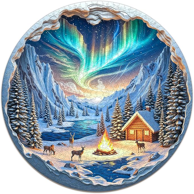 Northern Lights Puzzles for Adults 1000 Pieces, Winter Snow Scene Cabin Bonfire Jigsaw Puzzles 1000 Pieces for Adults, Fun Puzzles with Letters On Back, Challenging Game Toys (26.5 * 26.5in)