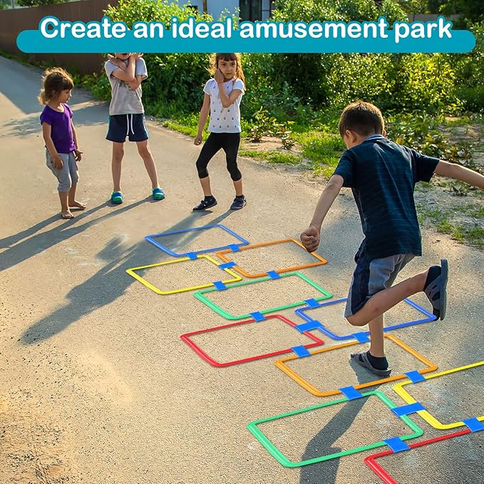 Woanger Hopscotch Outdoor Squares Hopscotch Ring Game with Connectors Outdoor Indoor Obstacle Course for Kids Playground Agility Training