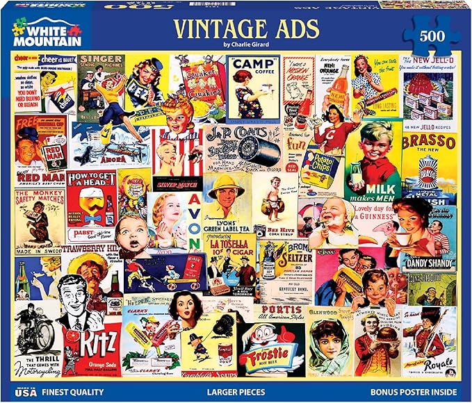 White Mountain 500 Piece Jigsaw Puzzle Funny Retro Collage Puzzles with Large Pieces Gift for Adults 18"x24" - Vintage Ads